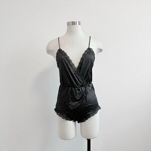 Vintage Flair Babydoll Black Satin Bustier Lace Lingerie Bodysuit Small